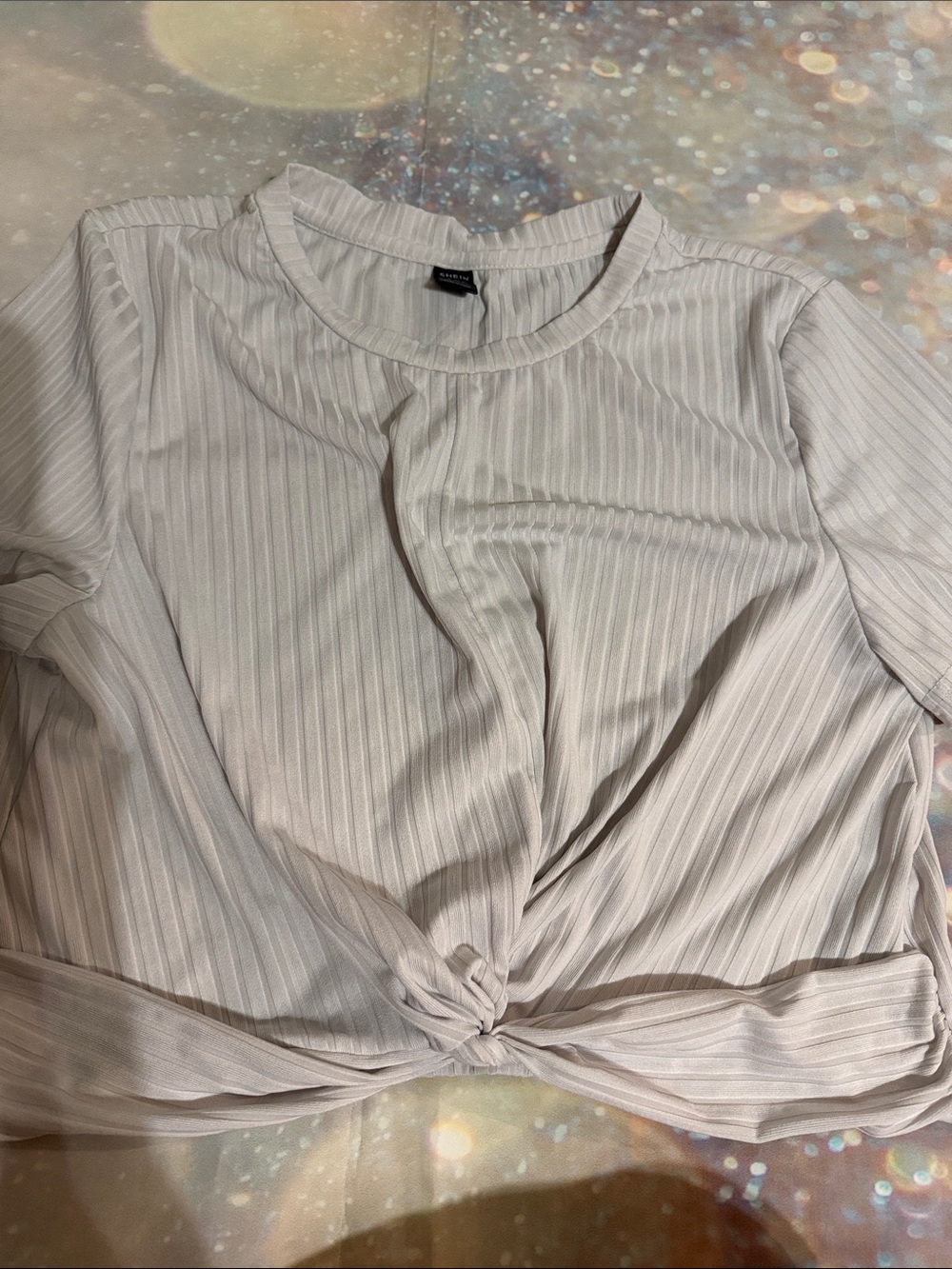 SHEIN Cream Ribbed Long-Sleeve Knot-Front Crop Top 1X